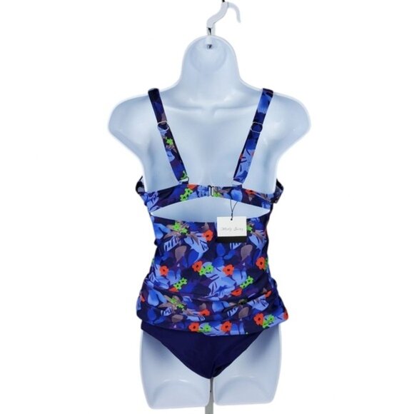 Wenly Zeng Floral Ruched Tankini Two Piece Swimsuit Blue Size Medium - Picture 2 of 8